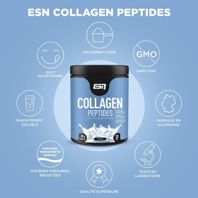Detalle de ESN Collagen Peptides Neutre 300 g (hydrolysat de collagène) avec vitamine C, zinc et cuivre