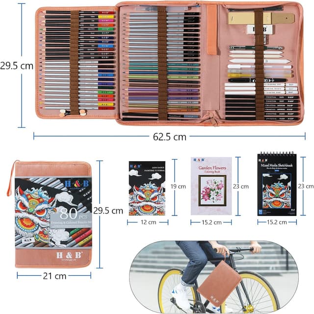 Detalle 2 de H & B 80pcs Drawing Set Sketching Pencil Set with 3-Colour Sketchbook and Colouring Book