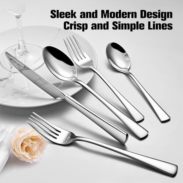 Detalle 2 de KINGSTONE 65-Piece 18/10 Stainless Steel Silverware Set for 12 (Dishwasher Safe, Mirror Finish)