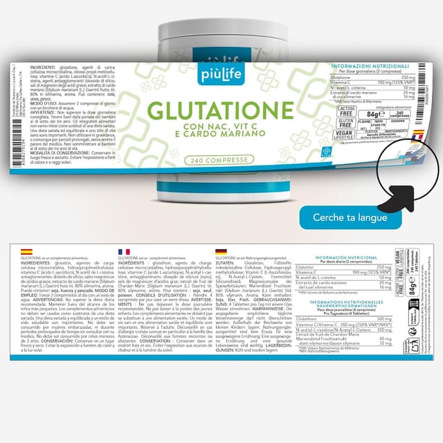 Thumbnail 6 de Glutathion Réduit 500 mg PiùLife (480 comprimés) avec vitamine C, NAC et chardon-marie