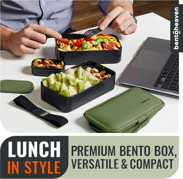 Detalle de Bentoheaven Premium Bento Box Adult Lunch Box (Microwavable, 2 Compartments, Dip Container) with Utensils & Chopsticks