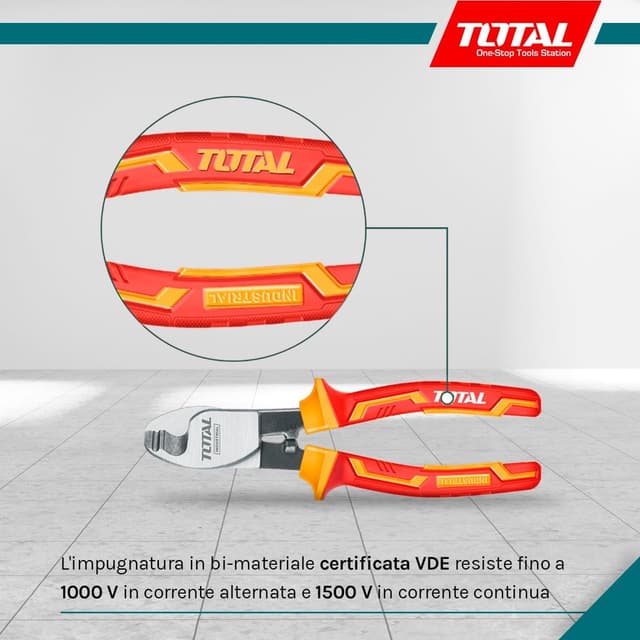 Detalle 2 de TOTAL pinza tagliafili isolata in cromo vanadio, certificato VDE, 160 mm
