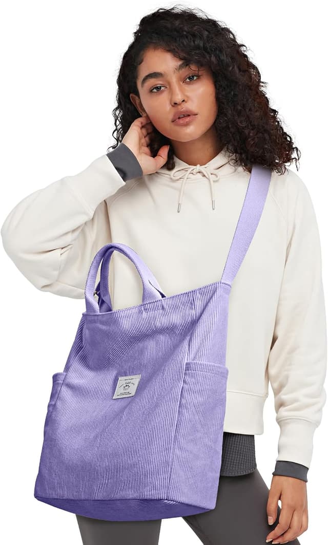 Detalle de KALIDI Corduroy Hobo Bag large capacity tote with zip & crossbody strap