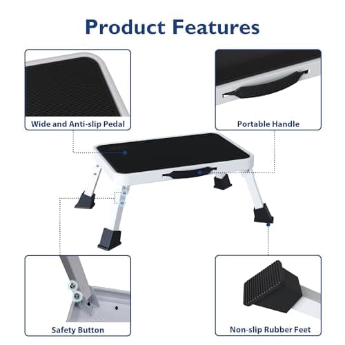 Detalle 2 de BONTEC Taburete Plegable de Acero 💺 Peso 150 kg, Blanco