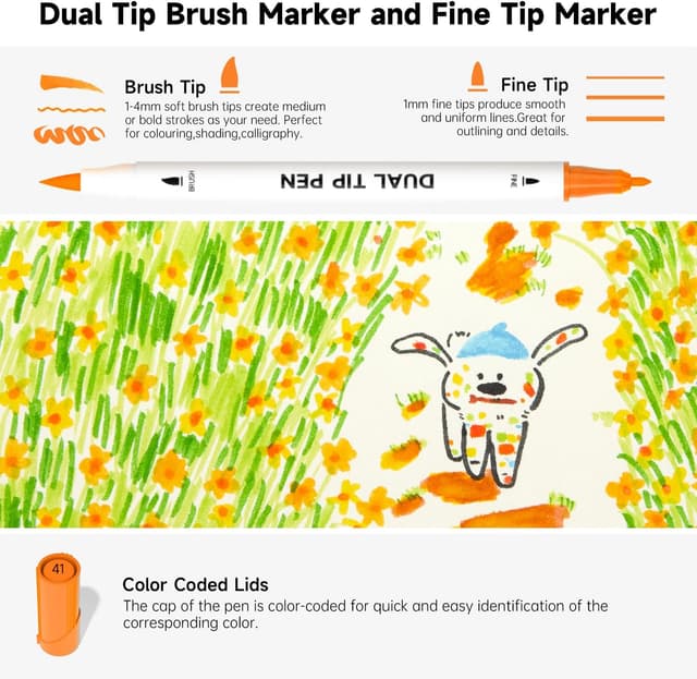 Detalle 2 de Shuttle Art Dual Tip Brush Pens (70 Colours) set with portable case & colouring book