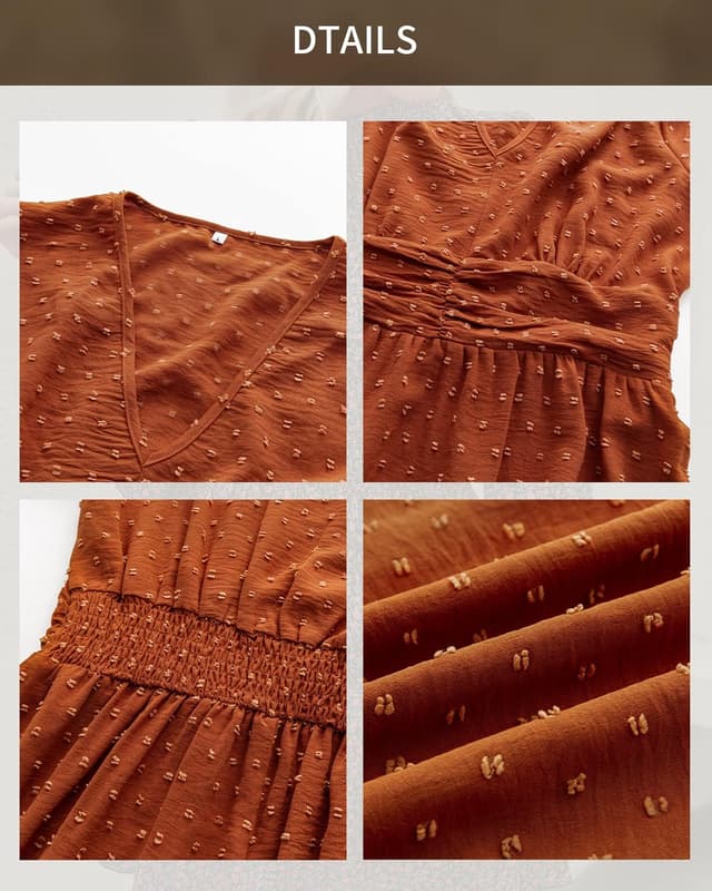 Detalle de BebreezChic Sommerkleid Damen lang Boho mit Swiss-Dot, V-Ausschnitt und geraffter hoher Taille