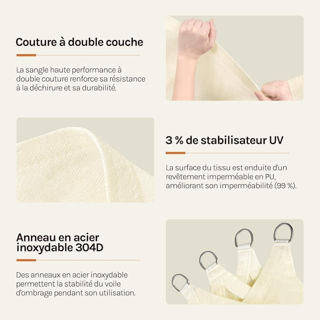 Detalle de WOLTU Voile d’ombrage triangulaire 3x3x4,25 m crème, imperméable et anti-UV