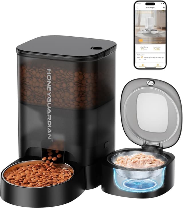 Detalle de HoneyGuardian 2 in 1 Secco Umido Dispenser Automatico per Gatti con Wi‑Fi 2.4G/5G e registrazione vocale 10s