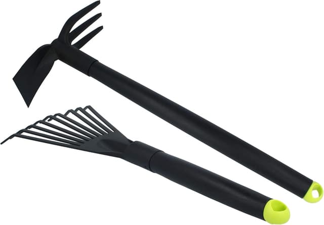 Detalle de COM-FOUR set di attrezzi da giardino in plastica da 4 pezzi: cazzuola lunga e stretta, rastrello e coltivatore