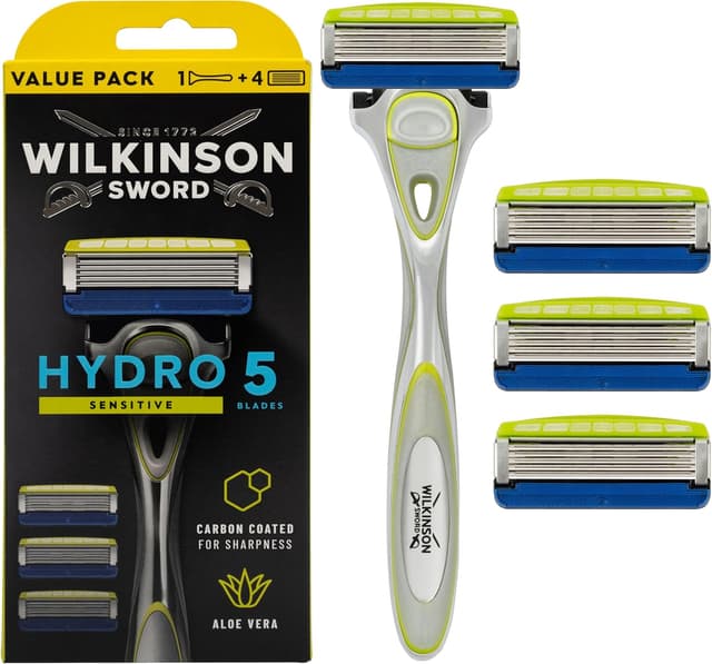 Detalle de Wilkinson Sword Hydro 5 Sensitive men’s razor (5-blade cartridge) with aloe vera gel and flip trimmer – 4-piece set