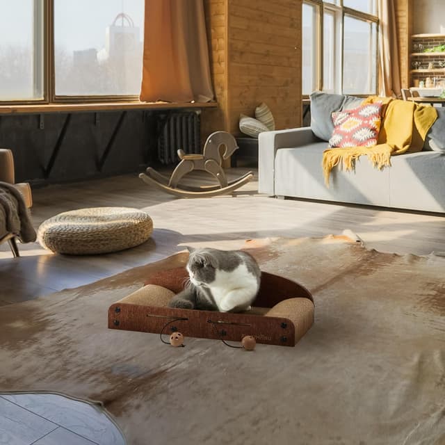 Detalle de FUKUMARU 53,3 cm Karton-Katzenkratzer mit Glockenball-Spielzeug – Kratzbett für Indoor