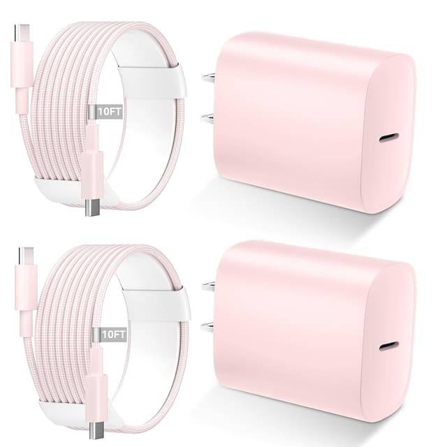Detalle de 20W Phone 16/15 Fast Charger 2-Pack with 10FT USB-C Cable (Type C, USB C to C) Pink