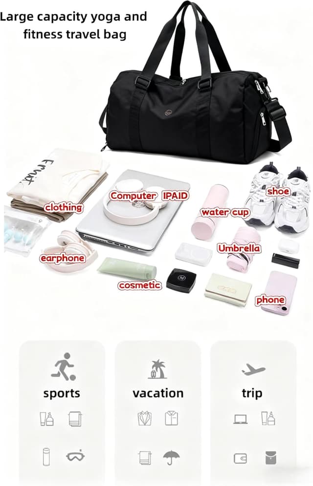 Detalle de ROSSRORE 3-in-1 Gym Bag & Maternity Hospital Bag (Large Capacity Weekender) – Black