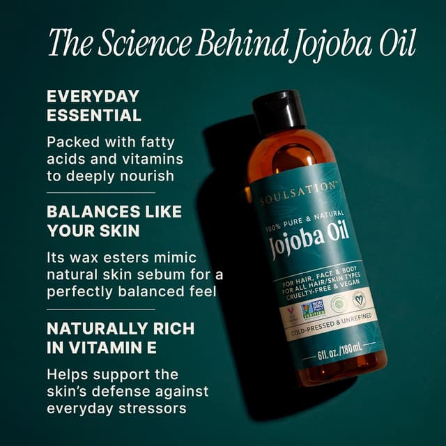 Detalle de SOULSATION Pure Jojoba Oil (Cold-Pressed, Unrefined) for Skin, Hair, Face & Body — 100% Natural, 6oz