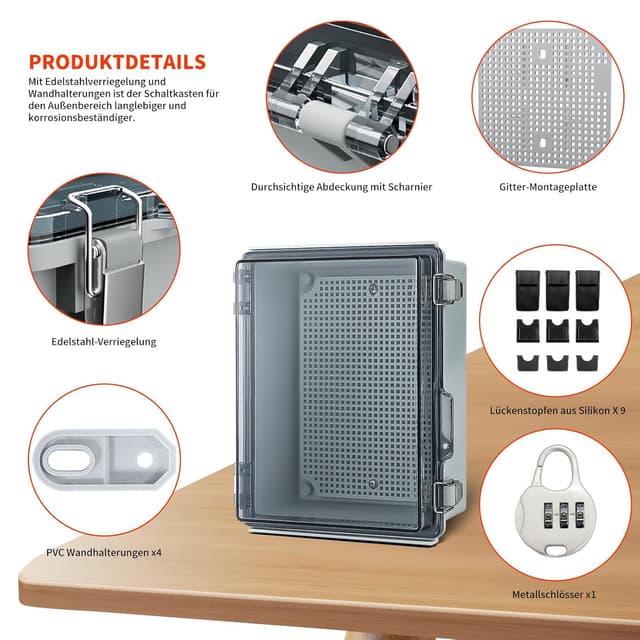 Detalle de Wasserdichte Anschlussdose IP65 Aufputz-Verteilerkasten mit ABS-Gehäuse, transparentem Deckel und Schloss (230 × 165 × 120 mm)