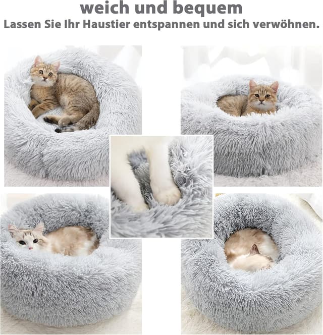 Detalle de Nepfaivy Donut-Hundebett & Katzenbett rund aus Plüsch – waschbar, erhöhter Rand, Hellgrau (3XL/100 cm)