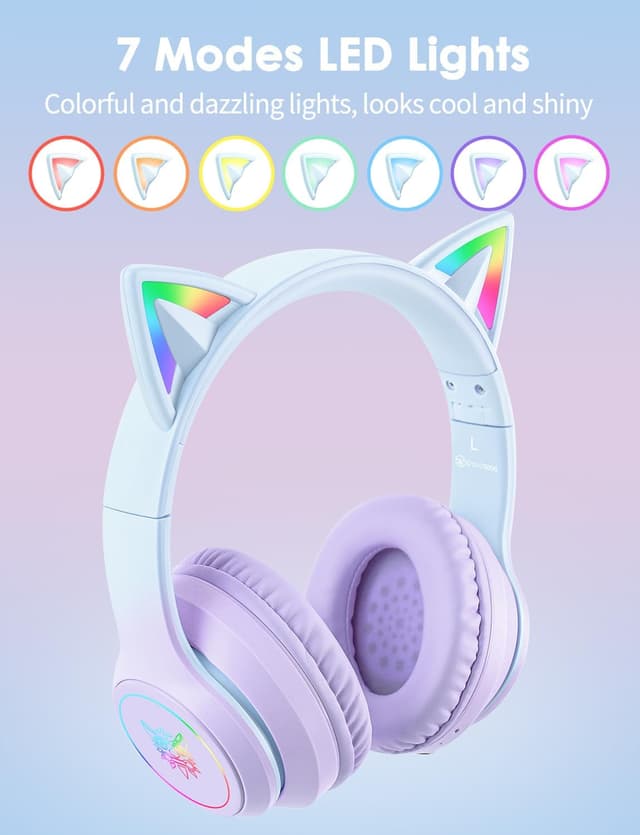 Detalle 2 de Cat Ear Bluetooth Headphones with LED Lights – Wireless over-ear headset with microphone, 55H playtime