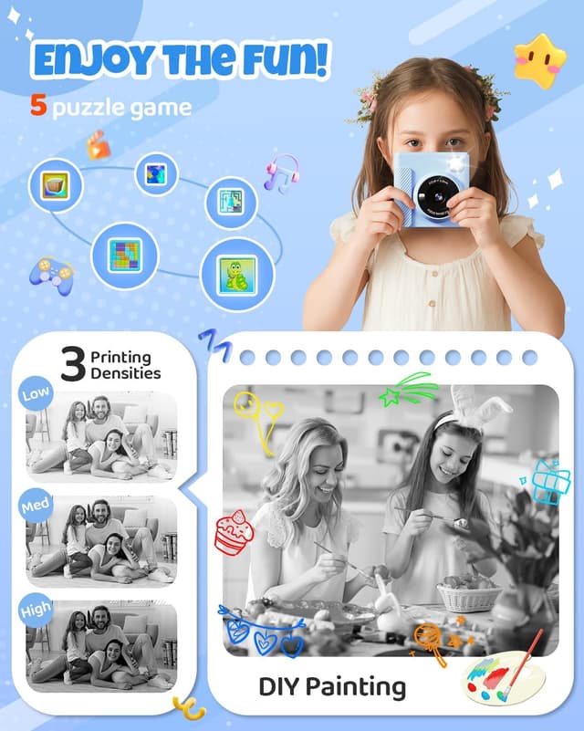 Detalle de TIATUA Kids Instant Print Camera (Blue) — 1080P HD Video, 32GB Card, Print Paper & Fun Accessories