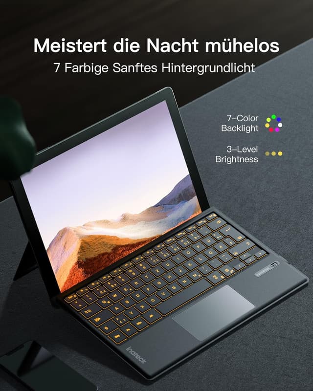 Detalle de Inateck KB02027 Surface Pro 7 Tastatur (QWERTZ) mit Trackpad-Kompatibilität, Bluetooth 5.3 und 7-farbiger Hintergrundbeleuchtung