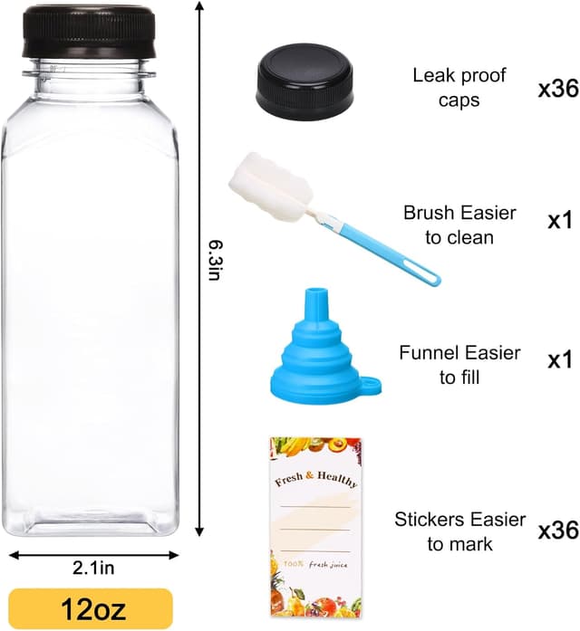 Detalle de Moretoes 36pc 12oz Plastic Juice Bottles with Lids, Reusable Clear Containers for Smoothies, Milk, and More