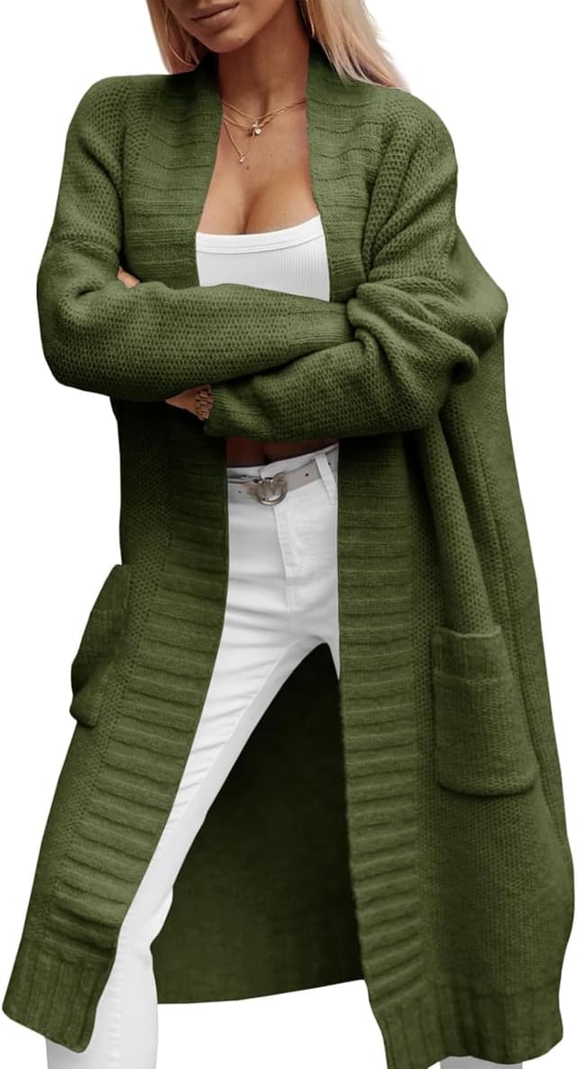 Detalle de Imily Bela Damen Strickjacke Lang mit Taschen, Grobstrick Cardigan (offene Front)