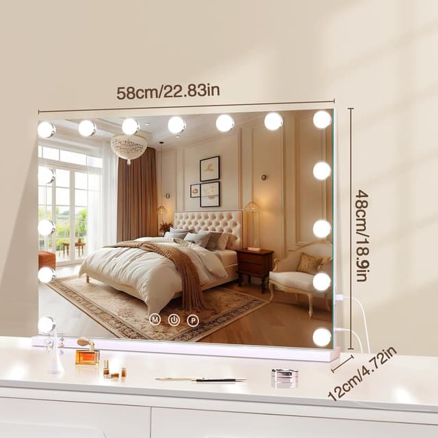 Detalle 2 de halumao Hollywood Vanity Mirror with Lights (58 x 48 cm) with 3 light modes, smart touch control and USB/Type-C outputs