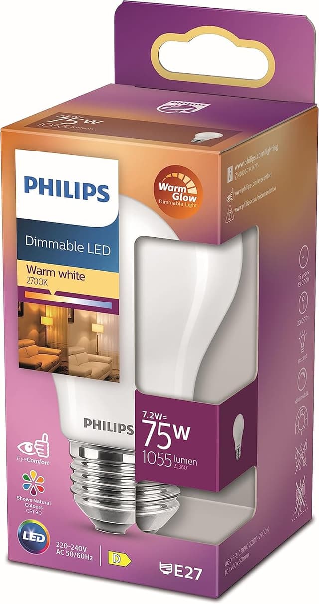 Detalle de Philips LED Bombilla A60 E27 Regulable Luz Cálida 75W