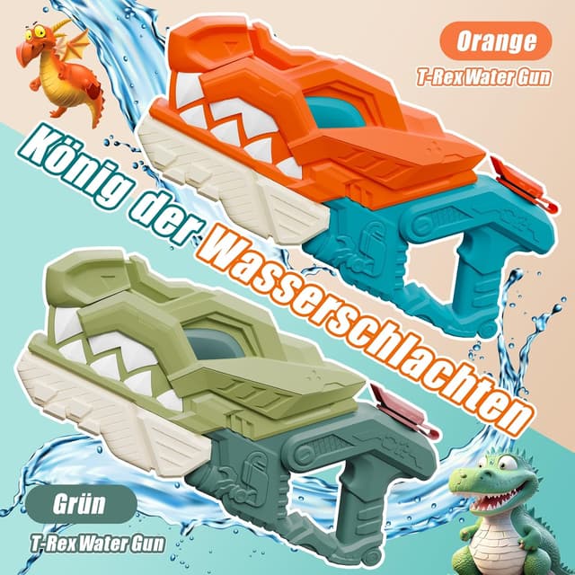 Detalle de Weirtoya 2er-Set Dino-Wasserpistolen (580 ml) – Dinosaurier Wasserspritzpistole für Kinder, 7–10 m