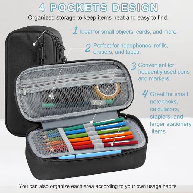 Detalle de Betarami Black Pencil Case with Handle – large portable stationery pouch for home, school & office