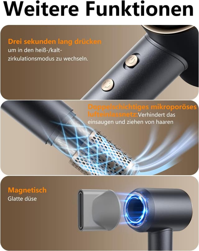 Detalle de Aidisy Ionen-Haartrockner mit Diffusor – Reiseföhn mit 3 Temperaturen, 2 Geschwindigkeiten