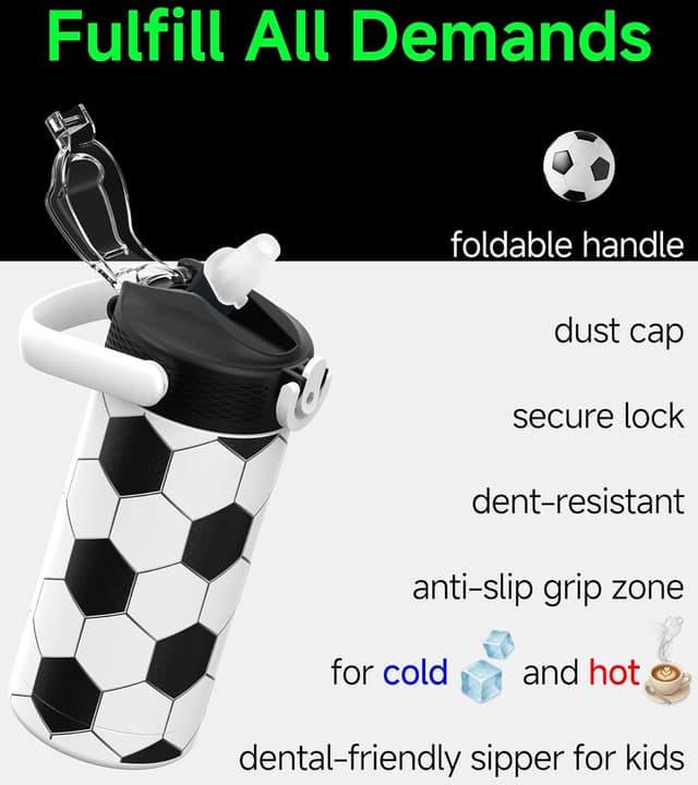 Detalle de MYFOREST 400ml Kids Insulated Water Bottle with Soft Sipper (Football) and Name Spot