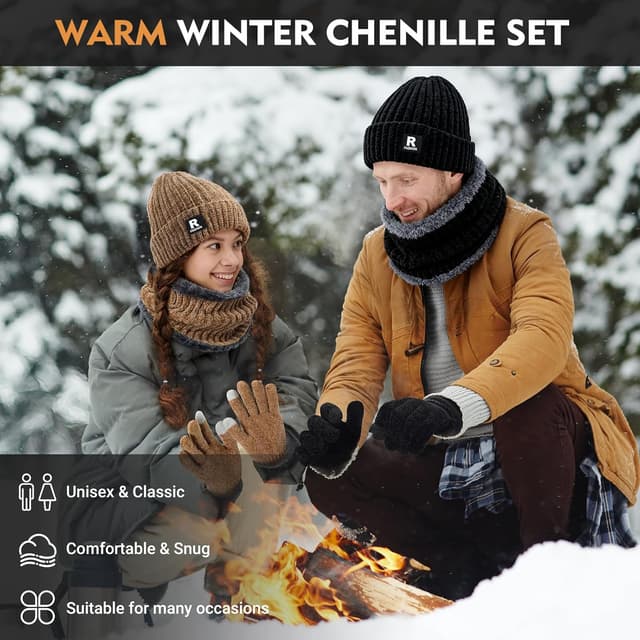 Thumbnail 1 de Winter Beanie Hat Circle Scarf Gloves Set Touchscreen Gloves 🧣