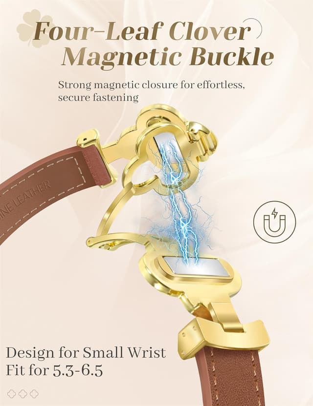 Detalle 2 de MOINSPIRE Designer Slim Leather Magnetic Watch Bands for Women (Four-Leaf Clover)