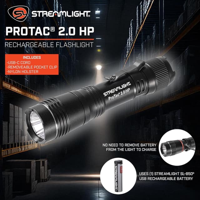 Detalle de Streamlight 89023 ProTac 2.0 HP Rechargeable Tactical Flashlight (2000-Lumen, 85000-Candela) - Black