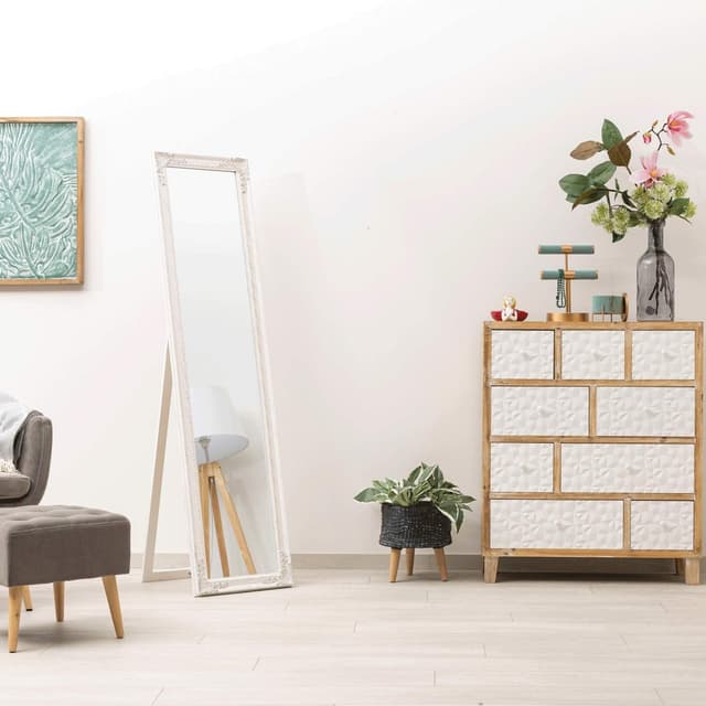 Detalle de Montemaggi specchio da terra con inclinazione regolabile in legno bianco opaco (40x4x160 cm)