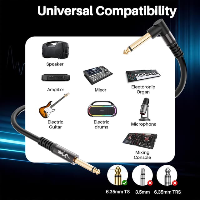 Detalle de Mygatti 90° Gitarrenkabel 6,35 mm TS, Mono-Audiokabel 2 m (gerade/abgewinkelt) inkl. 5 Kabelbinder