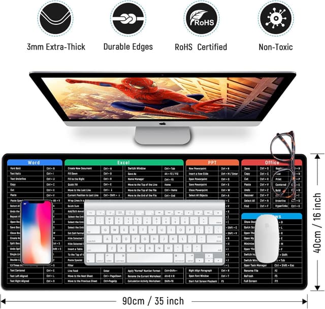 Detalle 2 de JIALONG Gaming Mouse Mat Large Excel Shortcuts XXL (900x400mm) Thick Extended Desk Mat