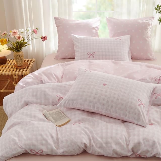 Detalle de Housse de couette Freyamy 140x200 à carreaux vichy rose (microfibre) avec taie 65x65 cm et fermeture éclair