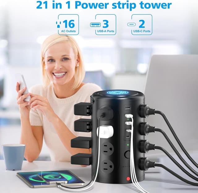 Thumbnail 1 de Tower Power Strip Surge Protector 16 Outlets