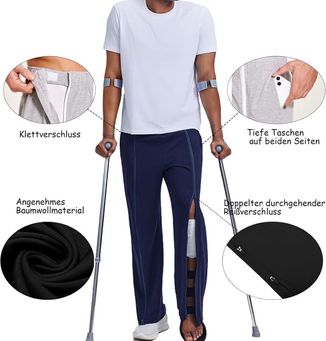 Detalle 2 de PINSPARK Reha-Hose Herren mit durchgehendem Reißverschluss – lange Sporthose aus Baumwolle mit Taschen