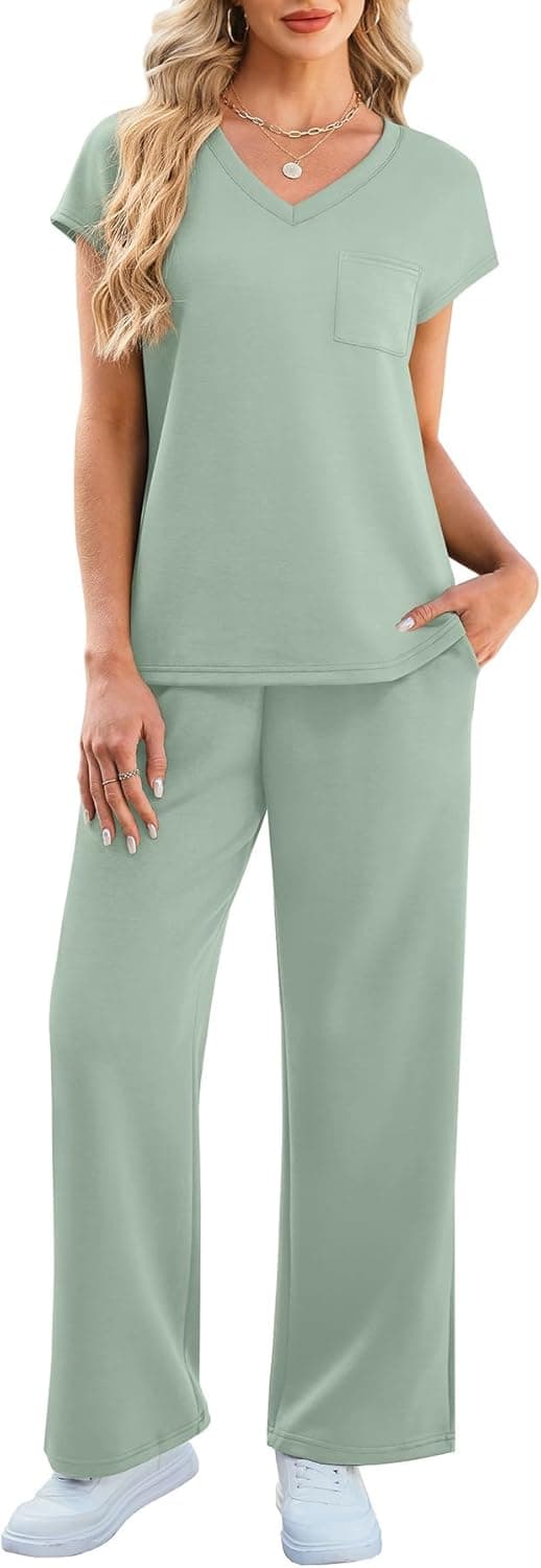 Detalle 2 de WIHOLL 2-Piece Women’s Resort Wear Set: Cap Sleeve V-Neck Top + Wide-Leg Lounge Pants with Pockets