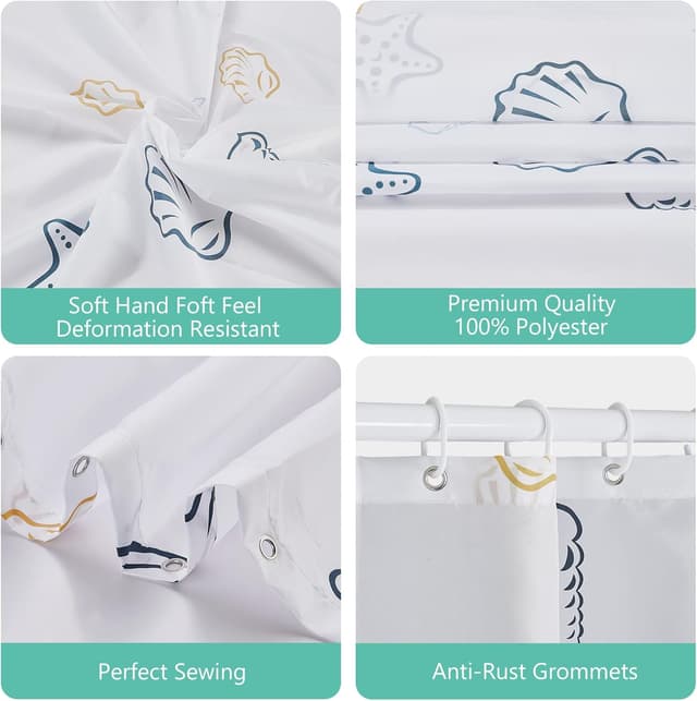 Detalle 2 de GERUIKE Extra Wide Weighted Shower Curtain 240 x 200 cm in White Ocean World pattern