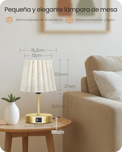 Detalle de GOEBLESON lámpara de mesa táctil ajustable con USB A y Type C (E27), dorado y beige