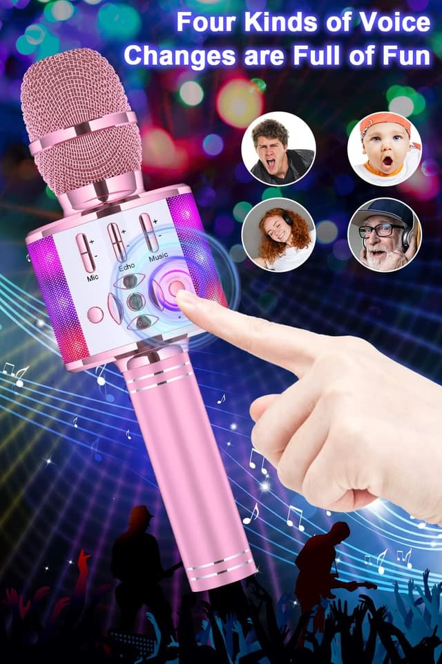 Detalle de BONAOK Magic Sing Karaoke-Mikrofon Bluetooth 4-in-1 (Hellrosa) – kabelloses Kinder- und Party-Karaoke