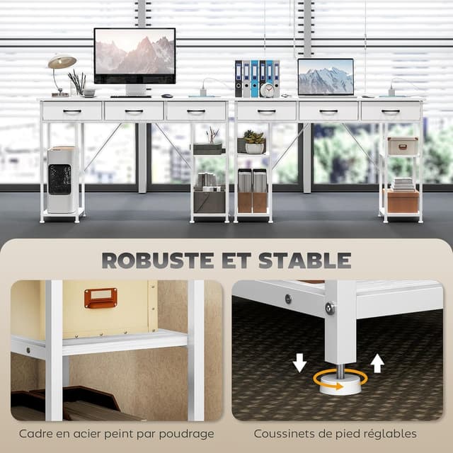 Thumbnail 6 de HOMCOM Bureau d’ordinateur blanc 120 x 40 cm avec station de charge USB et 3 tiroirs en tissu