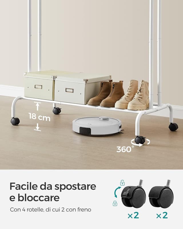 Detalle de SONGMICS Stand Appendiabiti Doppio HSR107W01 con ruote, struttura in acciaio e portata fino a 100 kg