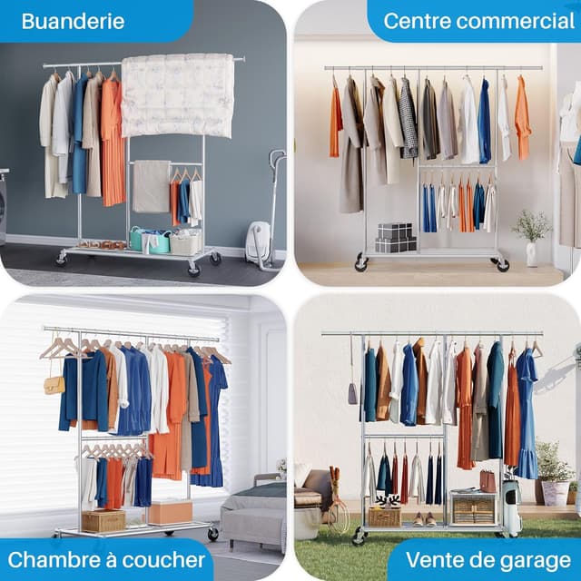 Detalle de HOKEEPER porte-vêtements sur roulettes à 2 niveaux, structure chromée argent (charge 150 kg)