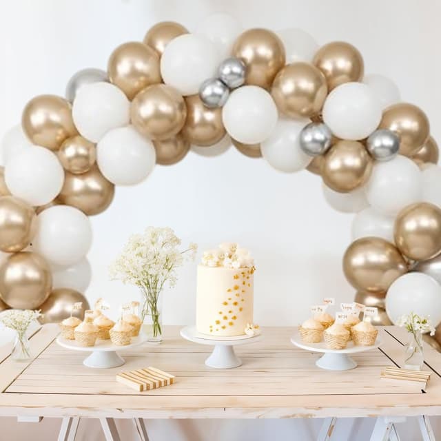 Detalle 2 de Beige White Pearl Balloons (50PCS) 12-Inch Double Stuffed Metallic Champagne Gold & Cream White Party Decor