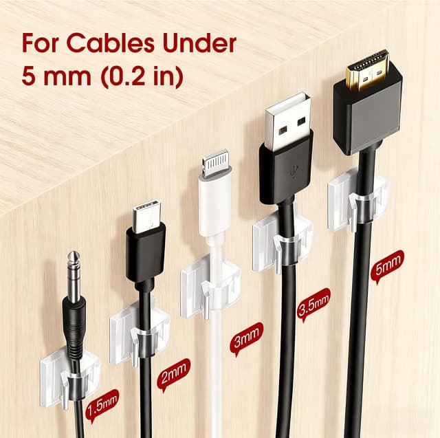 Detalle de 60PCS Adhesive Cable Clips – heavy-duty clear cord organisers for wall, desk, LED & small car setups