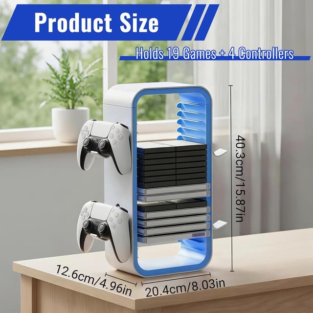 Detalle 2 de CHUNGG universal game storage tower for 19 DVD/Blu-ray cases with controller & headphone holders (white & blue)